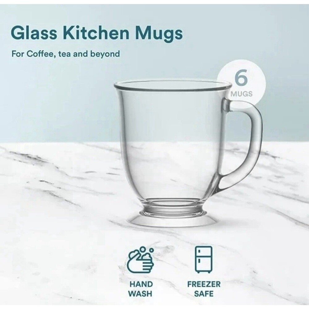 Kook Signature Clear Coffee Glass Mugs (15-Oz) Set of 6 NEW IN BOX